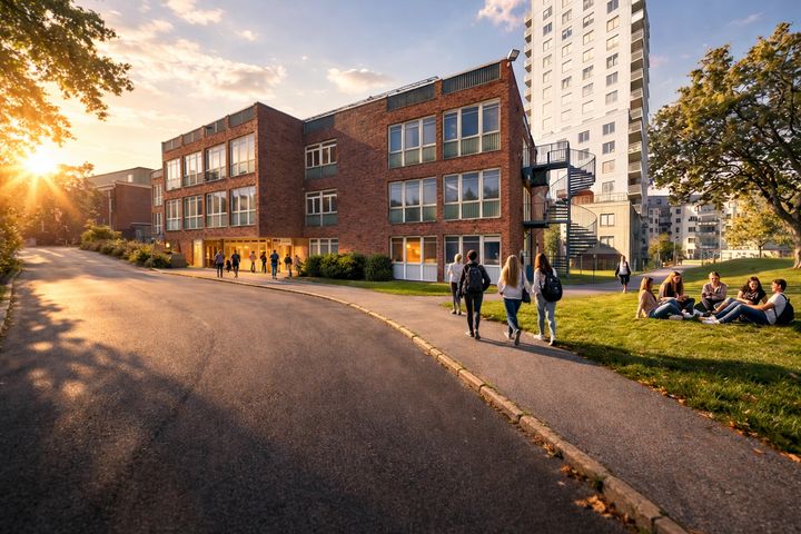 Renderad bild av hus och väg med elever på gatan