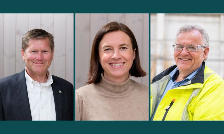Styrelseordförande Finn Ivar Marum (t.v.), tillförordnad koncernchef Vera Flatebø och Morten Kristiansen som lämnar rollen som koncernchef. Foto: Moelven
