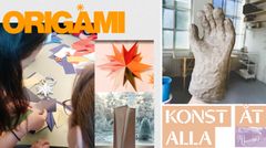 Fotocollage av affisch för skaparverkstäder i origami och skapa i lera samt affischen för konstutställningen Konst åt alla i Örebro län