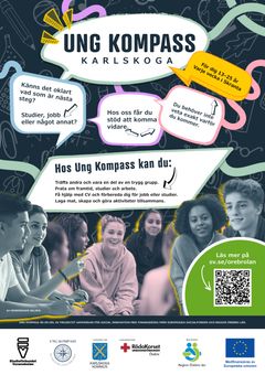 Alt-text: En affisch för Ung Kompass Karlskoga med information om aktiviteter för ungdomar i åldern 13-25 år. Affischen har färgglada pratbubblor och bilder av engagerade ungdomar.