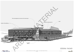 Illustrativ bild av regionens nya sjukhus som visar huvudentré
