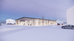 Gatuvy över nya hälsocentralen, med ingång från Östermalmsvägen.