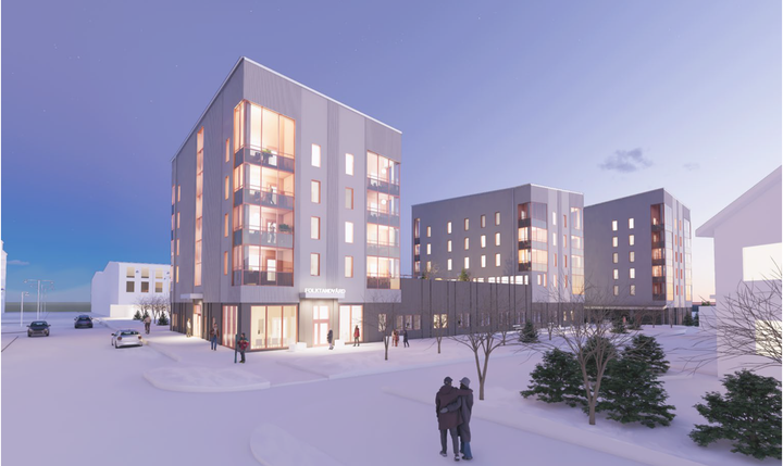 Illustrativ bild av folktandvården och personalbostäderna framtagen av SWECO.