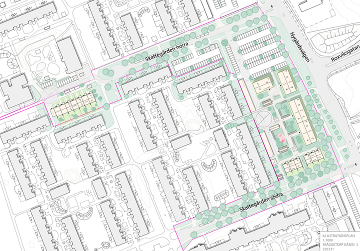 Linköpings kommuns illustrationsbild över nyproduktion i Skäggetorp. Ljusgula moduler ingår i kommande nyproduktion.