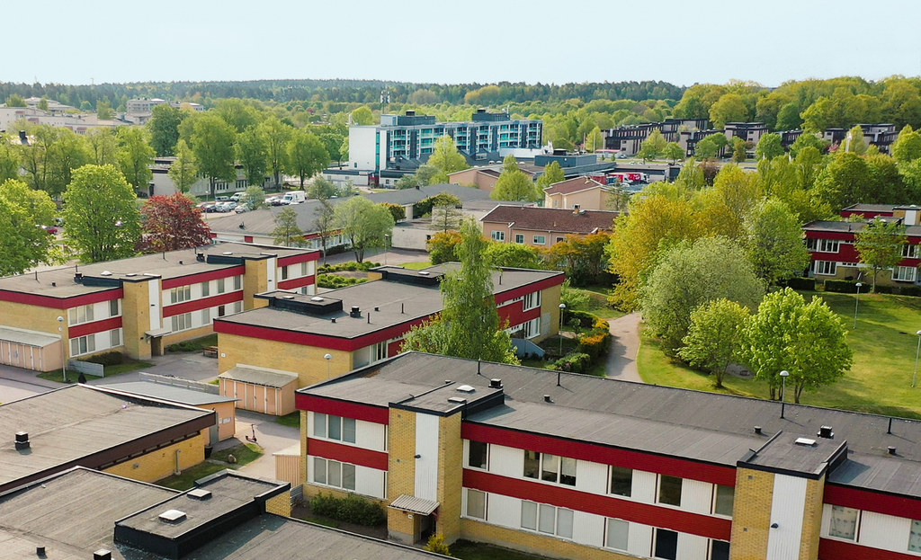 Drönarvy över stadsdelen Ryd. Foto Stångåstaden