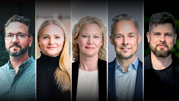 Årets fem finalister i kategorin Excellence Leader är fr v Niklas Arbin, BookBeat, Charlotta Brandstedt, Polarn O. Pyret,  Lovisa Ekman,  Svenska Spel, Jonas Gavelin, Bankgirot, och Anders Ivarsson, Voi Technology.