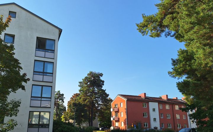 Flerbostadshus inramade av träd i höstfärger och blå himmel