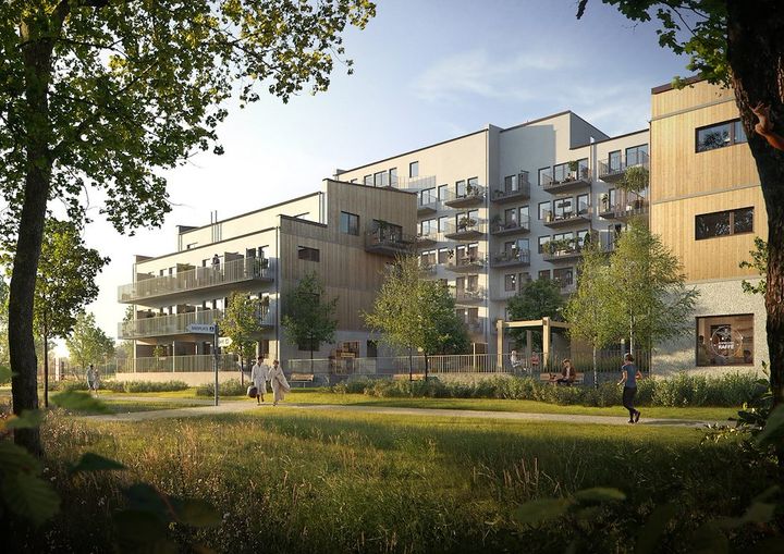 Vy mot nyproduktionen vid Perstorpsvägen i Larsboda, Farsta.