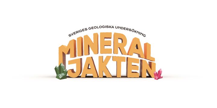 Illustration av namnet Mineraljakten i orangea färger, där mineral står i en övre båge och jakten i en undre. På varje sida om illustrationen finns två kristaller, en grön till vänster och en röd till höger.
