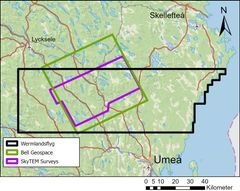 Mätområdena i Västerbotten. Mätningar sker både med flyg och helikopter.