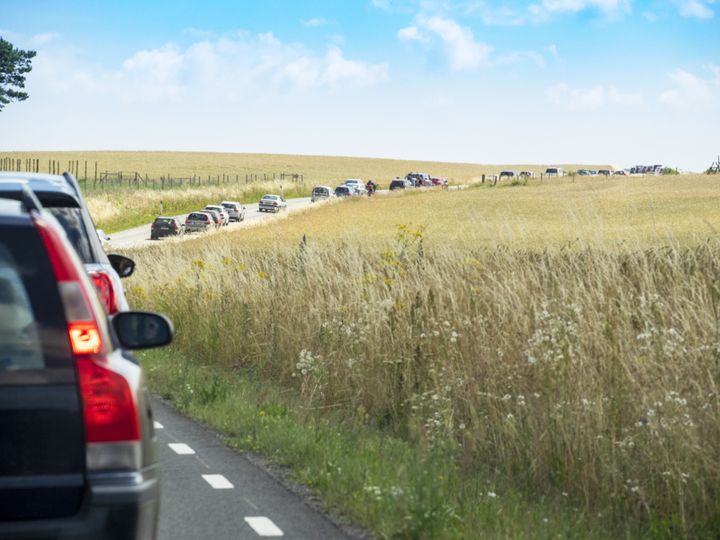 Kö med bilar som kör på en somrig landsväg.