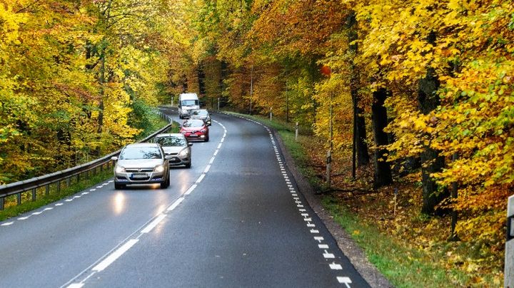 Personbilar i trafik på en väg under höst.