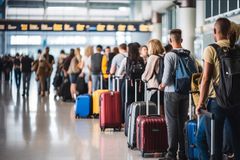 Passagerare köar på en flygplats.