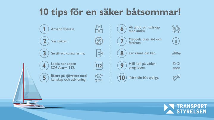 Punktlista med 10 tips för en säker båtsommar.
