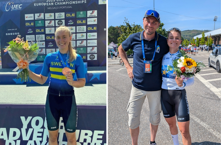Sverige hade stora framgångar vid MTB-EM i Portugal i somras. Jenny Rissveds, som här grattas av CK Masters David Green, tog dubbla guld i damelit och Elinore Nilsson brons i juniorernas XCC. Nu blir det först för-EM 2026 och EM 2027 i Göteborg.