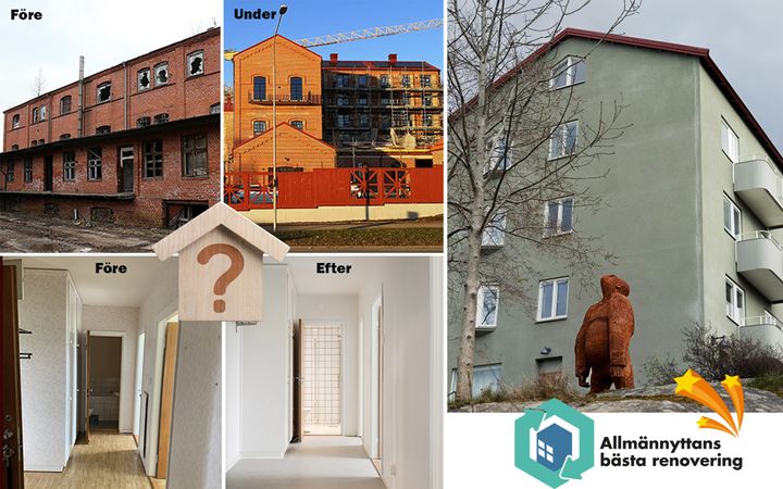 Projekten som gått till final i tävlingen om 2025 års bästa renovering: Spritfabriken (Eslövs Bostads AB – ovan till vänster i bild), Peder Holm (Ronnebyhus – nere t v) och Gråberget (Familjebostäder i Göteborg – t h i bild).