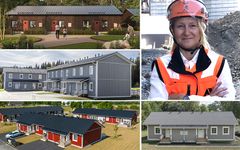 Nu öppnas dörren för nya småhus genom allmännyttans nya ramavtal för radhus och parhus i olika modeller. På bilden syns Kombohus Småhus Svea (leverantör Svensk Husproduktion) och Kombohus Kaj, Kombohus Heikki och Kombohus Heidi (leverantör Heikius Hus). Sofia Hansdotter, byggexpert på Sveriges Allmännytta, är glad att Kombohusfamiljen nu får tillökning.