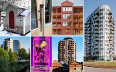 Sex av de 15 projekt som nominerats till Allmännyttans bästa bygge 2026: mobila hönshus (Familjebostäder i Göteborg), Bjurbäcken (Stockholmshem, portdetalj), Snödroppen (trygghetsbostäder, Torsås Bostads AB), Vågkanten (Partillebo), Godisfabriken (Gavlegårdarna) och kvarteret Droppen (Granitor).