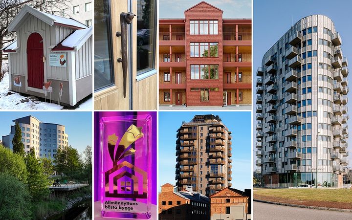 Sex av de 15 projekt som nominerats till Allmännyttans bästa bygge 2026: mobila hönshus (Familjebostäder i Göteborg), Bjurbäcken (Stockholmshem, portdetalj), Snödroppen (trygghetsbostäder, Torsås Bostads AB), Vågkanten (Partillebo), Godisfabriken (Gavlegårdarna) och kvarteret Droppen (Granitor).