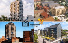 Finalister till Allmännyttans bästa bygge 2026 (överst från vänster): Kvarteret Omställningen (Framtiden Byggutveckling/Poseidon), kvarteret Hållstugan (Örebrobostäder), Godisfabriken (Gavlegårdarna) och kvarteret Droppen (Granitor).