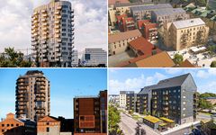 Finalister till Allmännyttans bästa bygge 2026 (överst från vänster): Kvarteret Omställningen (Framtiden Byggutveckling/Poseidon), kvarteret Hållstugan (Örebrobostäder), Godisfabriken (Gavlegårdarna) och kvarteret Droppen (Granitor).