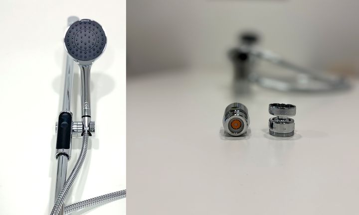 Foto på de snålspolande munstycken till dusch och köksblandare som monterats