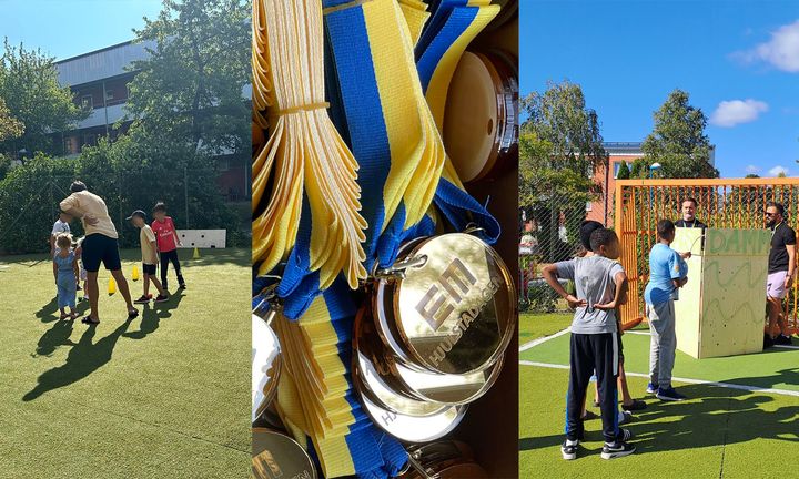 Bilder på medaljerna från Hjulstadagen och på barn som gör hinderbana och fiskar i fiskdamm.