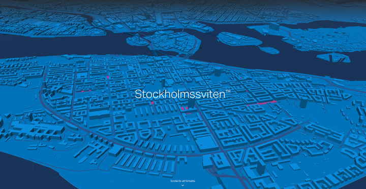 Illustrationsbild i blått på Stockholms city ovanifrån med upphöjda hus på likt en karta