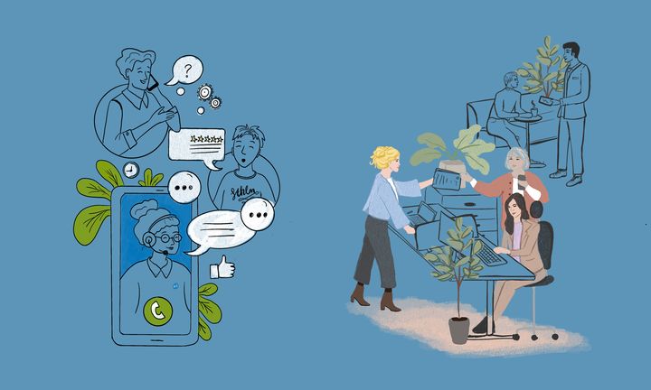 Illustrationer över folk på kontor som jobbar med service