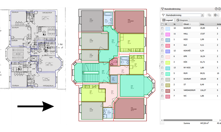 Före- och efterbild på gammal ritning och det nya programmet som visar med olika färger vad det är för rum eller utrymme.