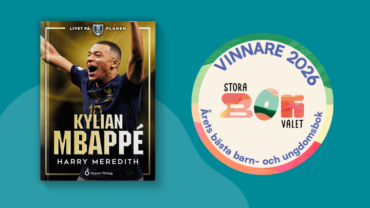 Bokomslag för "Livet på planen – Kylian Mbappé" av Harry Meredith. En dekal bredvid visar att boken vunnit Stora bokvalet 2026 i kategorin 12-16 år.