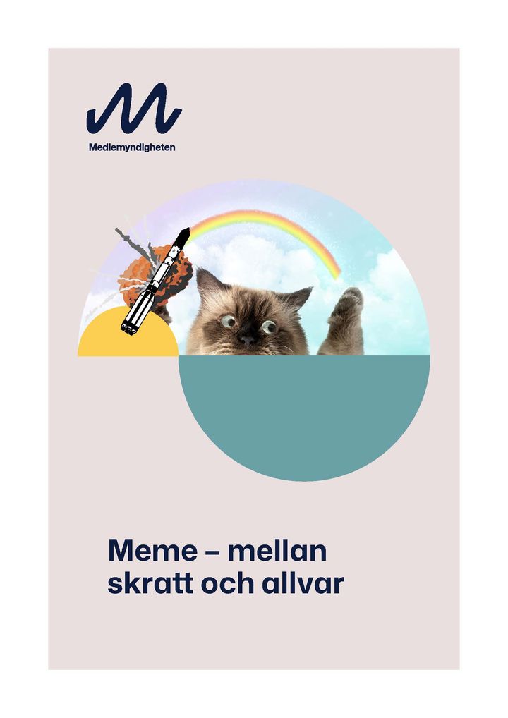 En katt med ett penna-mustasch-filter i en humoristisk bild, texten "Meme – mellan skratt och allvar" med en logotyp i form av ett "M" upptill.