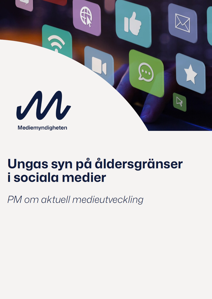 Omslag till rapport från Mediemyndigheten med titeln "Ungas syn på åldersgränser i sociala medier". Bakgrund med ikoner av sociala medieappar.
