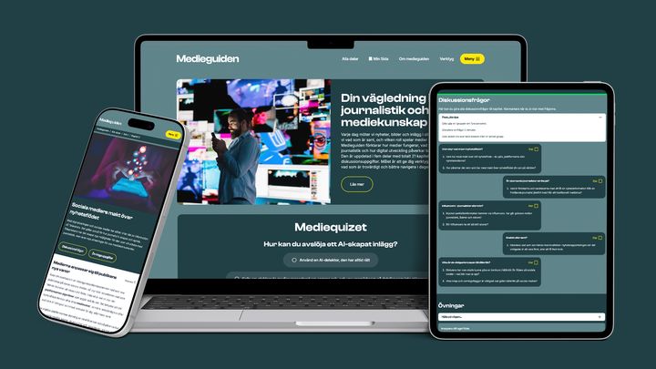 Mockup av Medicguiden på mobil, laptop och surfplatta med medicinsk rådgivning och chatt.
