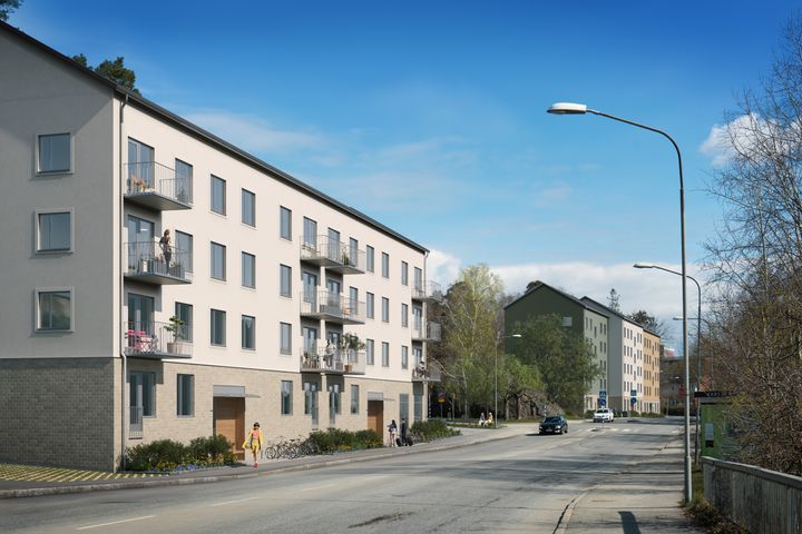 Visionsbild på de nya Stockholmshusen längs med Mårbackagatan.