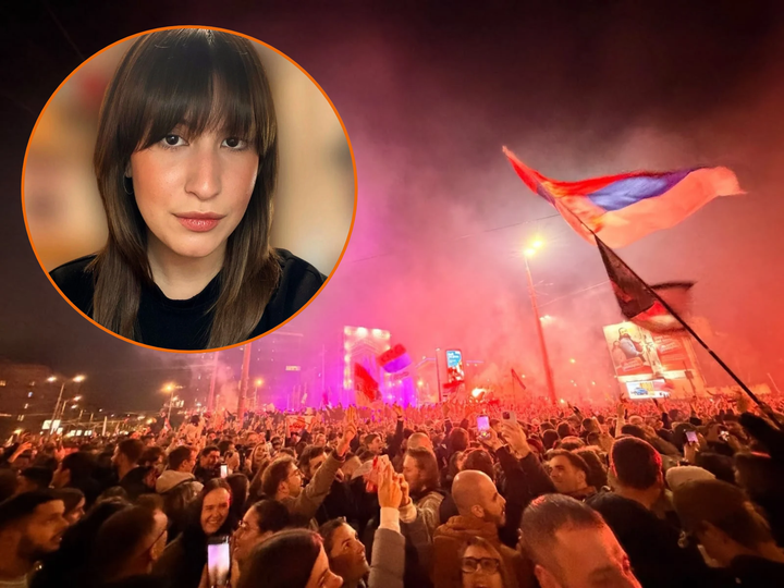 Porträtt Senka Pejić Serbisk flagga människor som firar