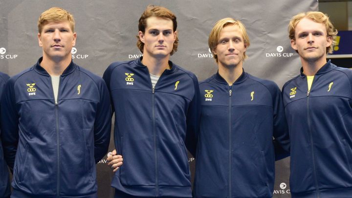 Sveriges lag mot Tjeckien; André Göransson, Olle Wallin, Leo Borg och Erik Grevelius. Foto: Patrick Bengtsson / tennis.se