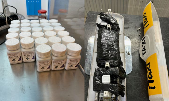 I taxiskylten hittades 28 falska medicinburkar med den livsfarliga drogen metonitazen.