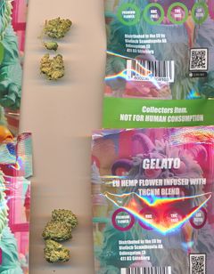 Spetsad hampa i färgglada förpackningar som Tullverket har tagit i beslag.