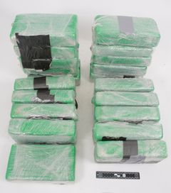 Gröna inplastade paket med kokain som fanns i en av flyttlådorna.