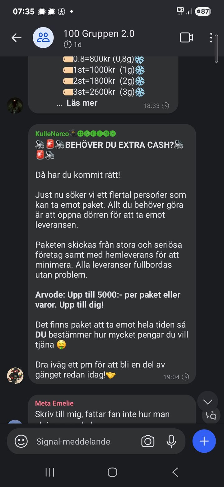 Exempel på hur uppdragsgivaren annonserade efter paketmottagare. De erbjöds upp till 5 000 kronor i betalning för att ta emot paket. Foto: Tullverket.