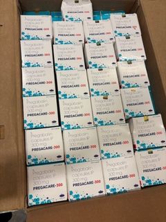 En kartong med det ångestdämpande läkemedlet pregabalin. Totalt hittades 269 550 tabletter pregabalin i släpet.