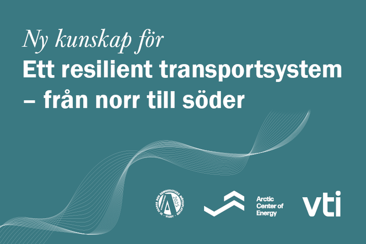 Text: "Ny kunskap för ett resilient transportsystem – från norr till söder." Logotyper: Transportforum, Arctic Center of Energy, VTI. Bakgrundsfärg: Blågrön.