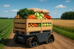 AI-genererad bild av bandvagn som bär EU-pall full med grönsaker.