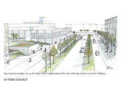 Illustration över Huskvarnavägen, en visionsbild med en bred gata med grönska och flera körfält för både biltrafik, kollektivtrafik och gång- och cykelväg.