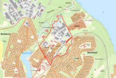 En kartbild med en markering som visar ett område som omfattas i kommunens utvecklingsarbete i Bankeryds centrum.