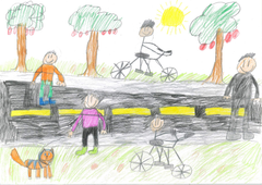 En teckning som föreställer en gata där personer går och cyklar. Solen lyser och det är träd längs gatan.