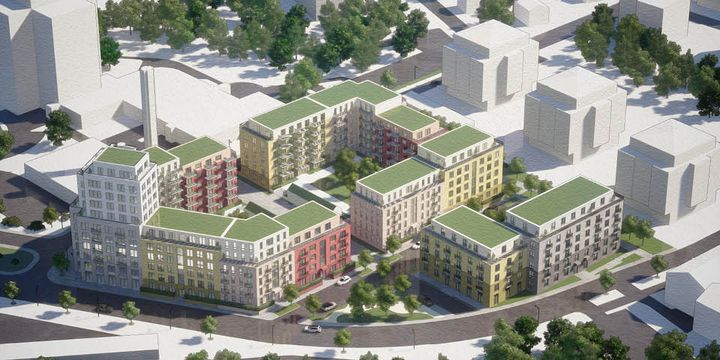 Illustration som visar flerbostadshus, träd och gator.