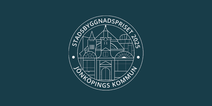 Symbolen för stadsbyggnadspriset som visar siluetter av olika byggnader i Jönköpings kommun, samt texten Stadsbyggnadspriset 2025 Jönköpings kommun.