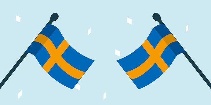 Två svenska flaggor mot blå bakgrund.